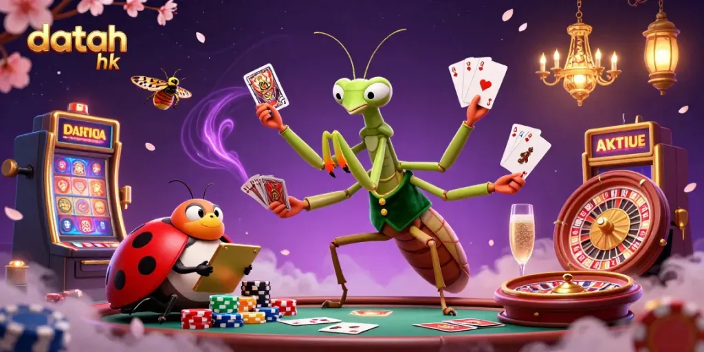 Menampilkan data hk yang dinamika di kasino dengan karakter 3D, chip poker, dan mesin slot dalam ilustrasi penuh warna.