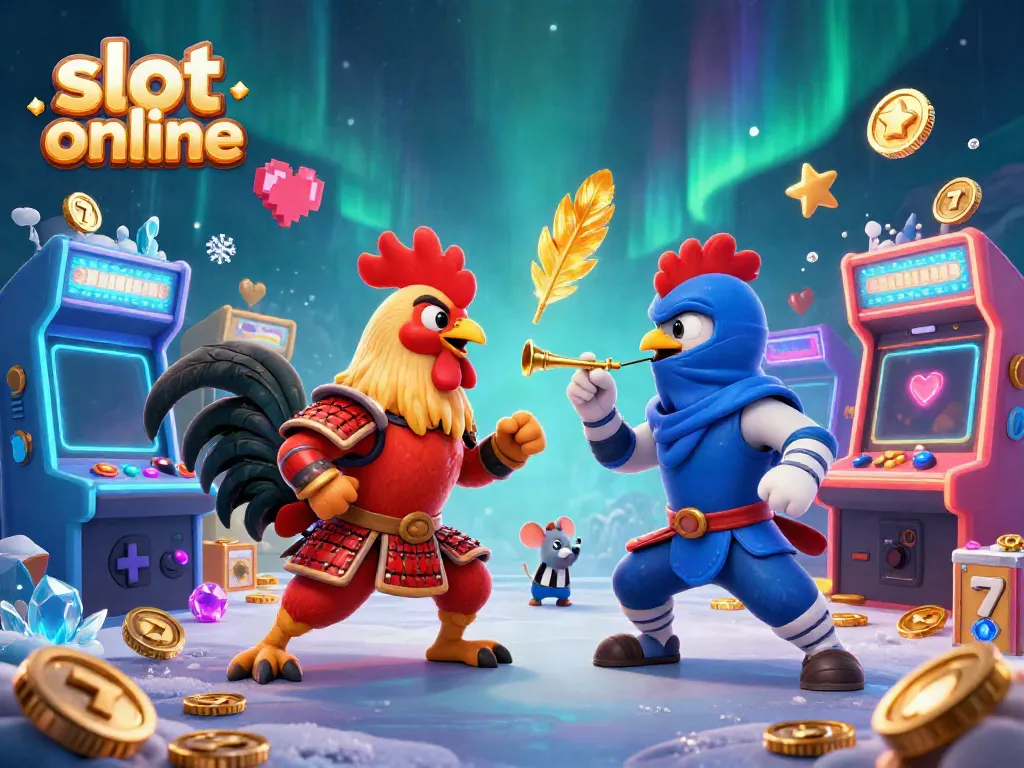 Engage with vibrant slot online action featuring fighting roosters and arcade elements.