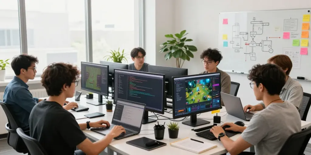 A diverse team collaborating on bos88 gaming development with real-time analytics and code.
