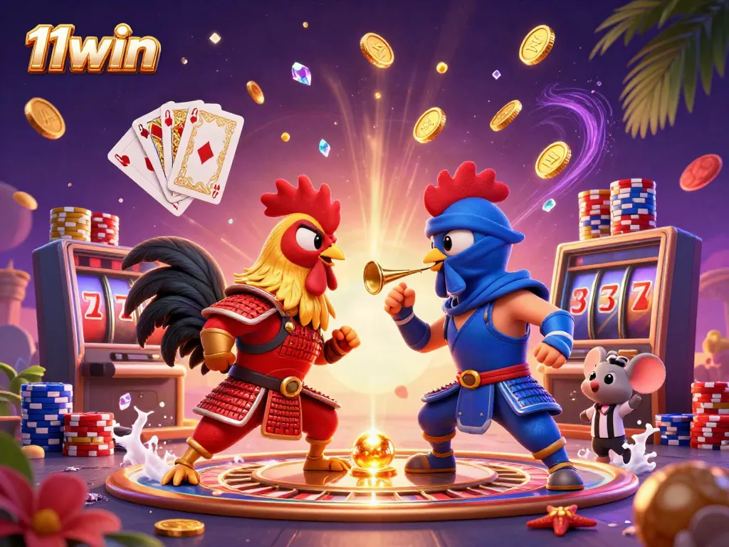 Witness the thrilling standoff of armored roosters symbolizing competition on 11win's online gaming platform.
