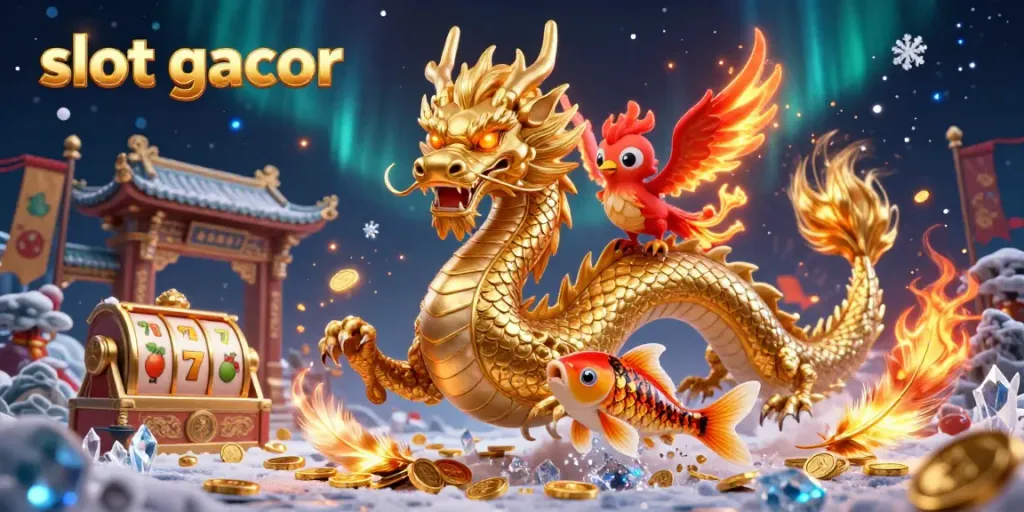 Experience the thrill of slot gacor with a vibrant scene depicting a golden dragon, phoenix, and koi fish amidst dynamic casino elements.