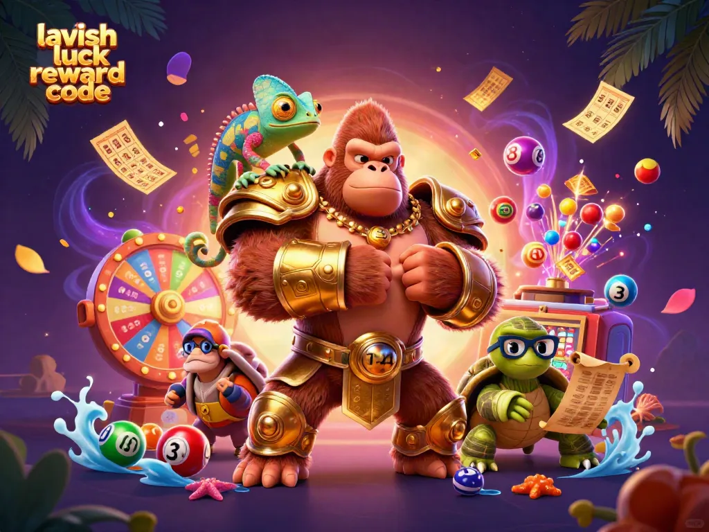Engage in excitement with lavish luck reward code amidst colorful lottery elements and dynamic casino characters.