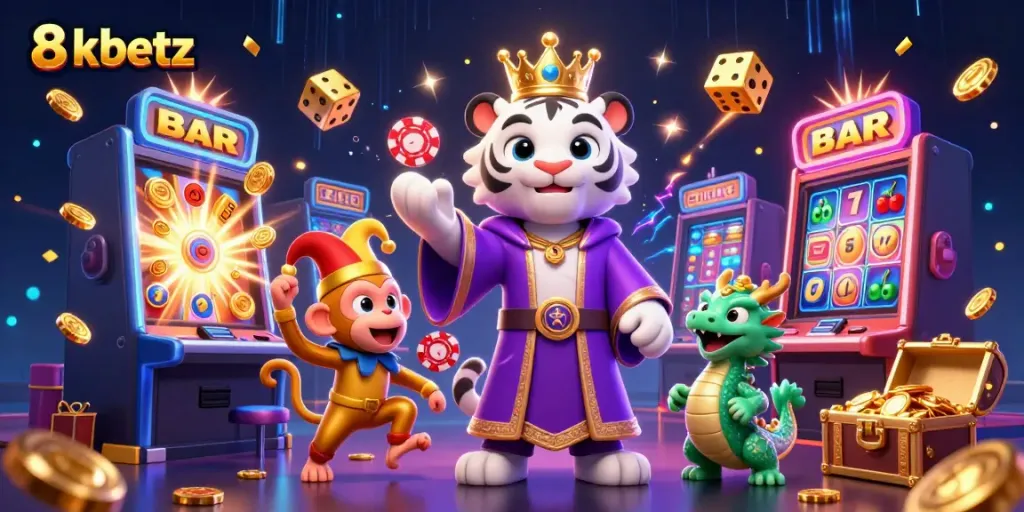 8xbetz vibrant online casino scene featuring a white tiger, golden monkey, and jade dragon surrounded by dynamic game elements.