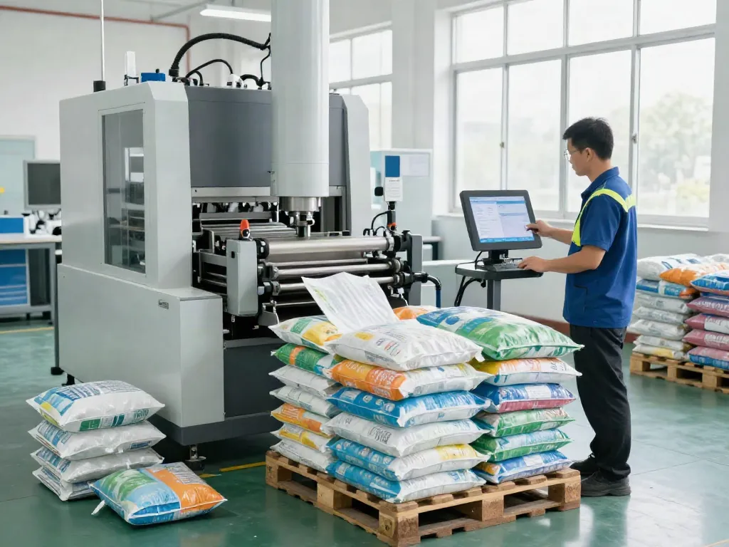 The automatic bag palletizer machine efficiently stacks bags on pallets in a modern manufacturing setting.
