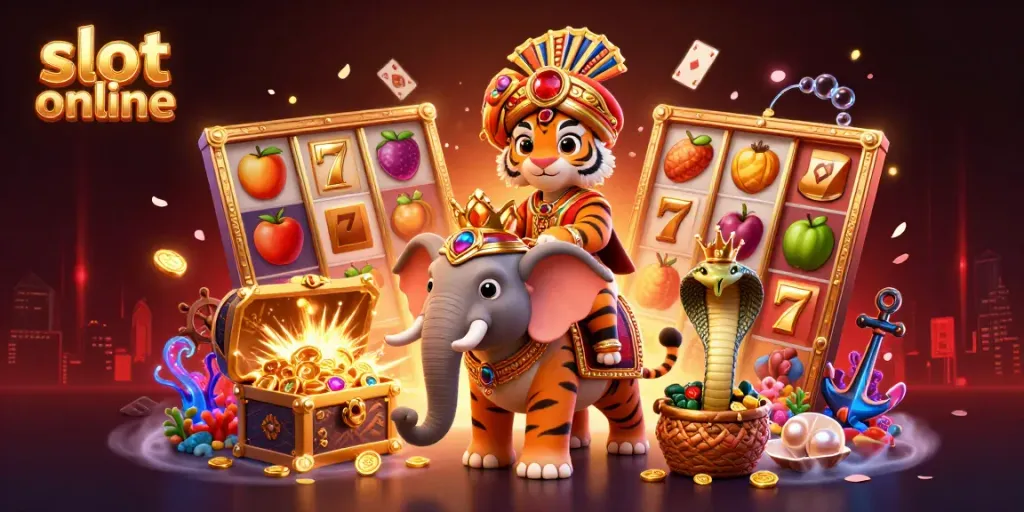 Experience excitement with slot online as a maharaja tiger rides an elephant in a vibrant 3D casino scene.