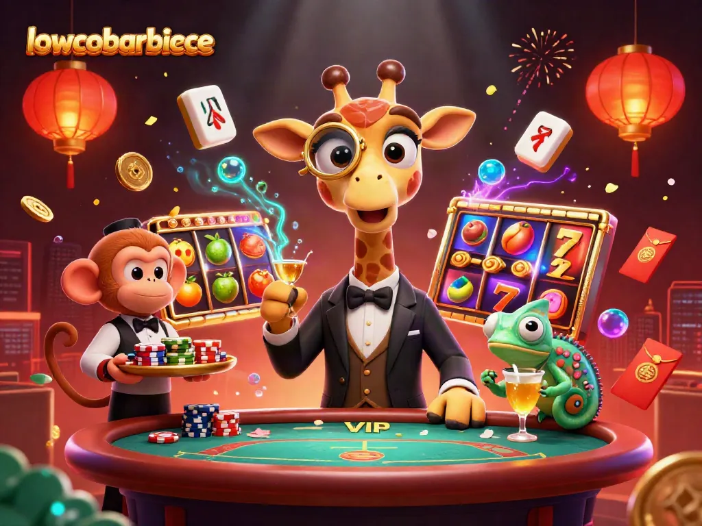 Engage with the dynamic lowcobarbecue casino scene featuring a high-roller giraffe and vibrant slot symbols.
