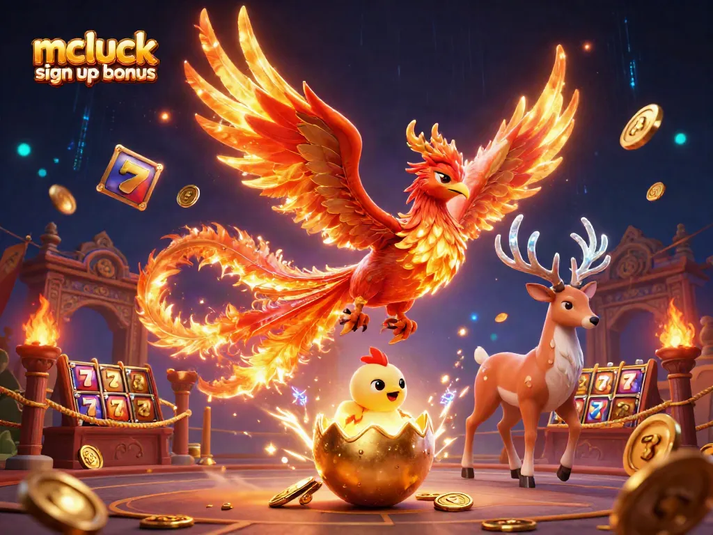 Claim the mcluck sign up bonus with vibrant casino elements in a dynamic scene.