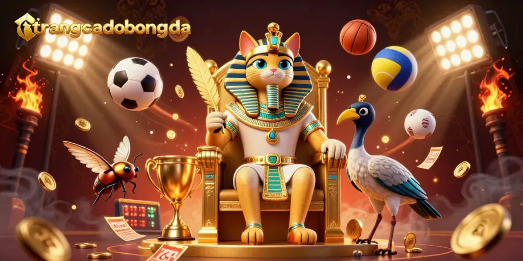 Engage with trangcadobongda’s dynamic sports betting scene featuring a pharaoh cat and sports elements.