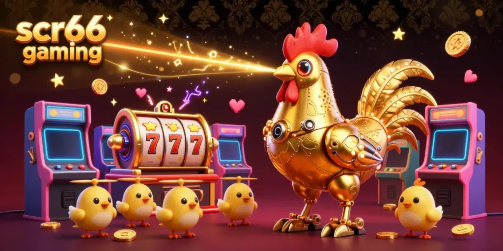 Experience dynamic gaming with scr66 gaming's golden rooster robot and baby chick drones, showcasing casino joy.