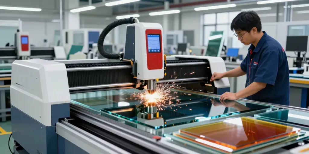 Glass cutting machine manufacturer operating high-precision CNC machinery in a clean workshop.