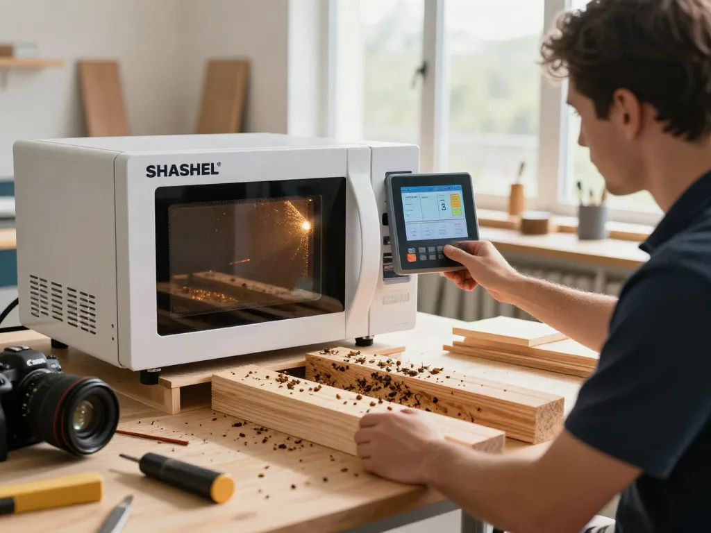 SHASHEL® microwave technology eliminating wood-boring insects in a bright workshop setting.