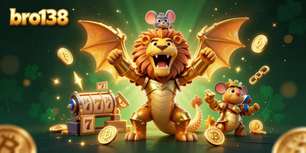 Spin to win at bro138 with a golden chimera and mouse jockey amid vibrant casino elements.