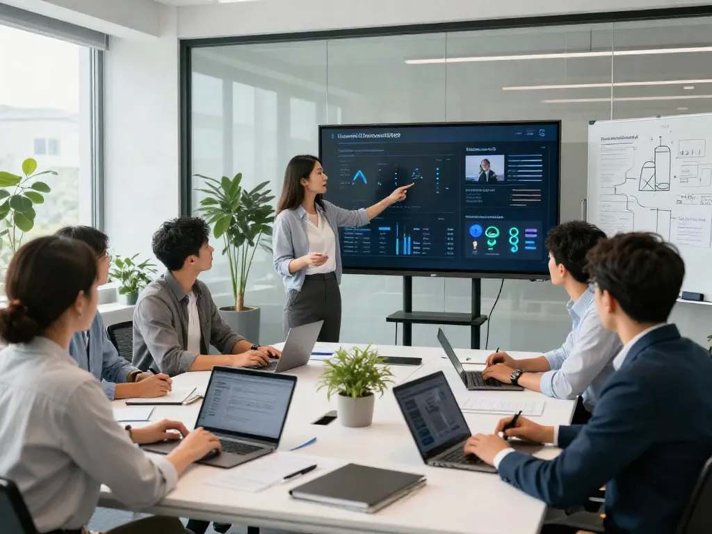 Team discussing insurtech news updates in a modern office setting with digital tools and analytics.