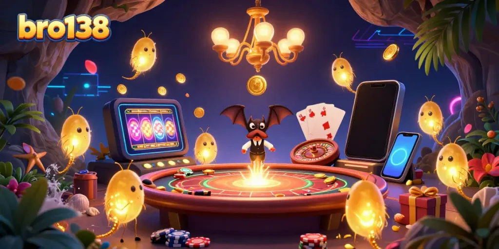 Experience bro138's captivating cave casino with glowworms illuminating the slot action and a bat dealer overseeing the game.