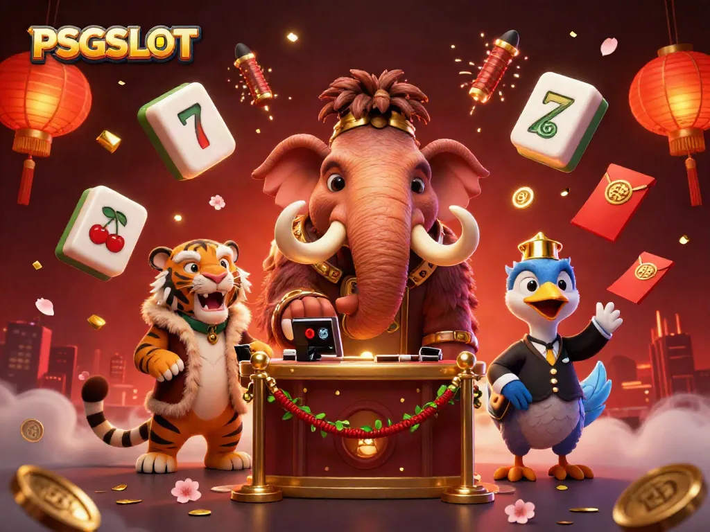 Experience PSGSLOT excitement with a vibrant casino scene featuring unique characters and dynamic game elements.