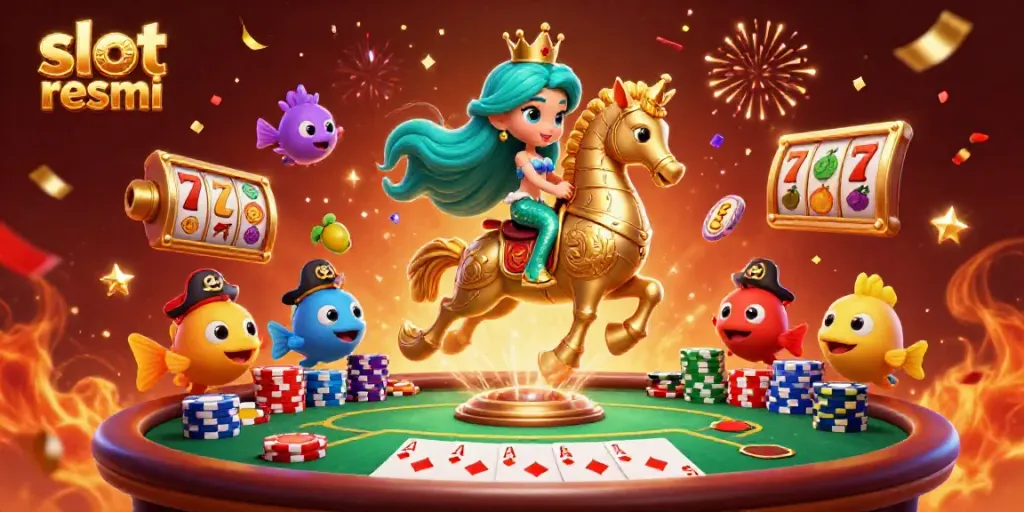 Experience the excitement of slot resmi with a vibrant 3D mermaid scene featuring slot reels and celebratory elements.