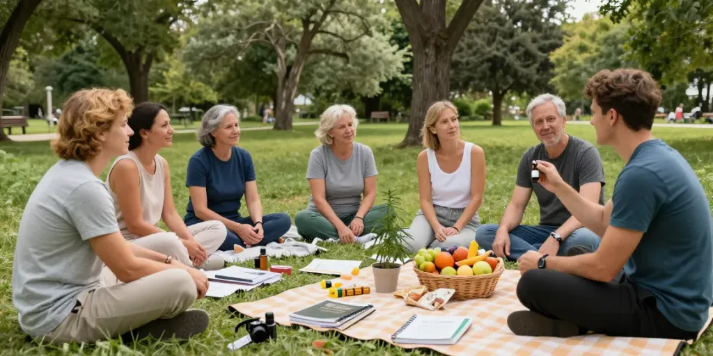 Buy cheap cigarette online Australia with organic CBD products in a friendly outdoor gathering promoting social wellness.