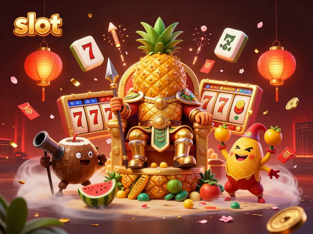 Engage with slot gaming in a dynamic 3D illustration featuring a golden pineapple king and vibrant casino elements.
