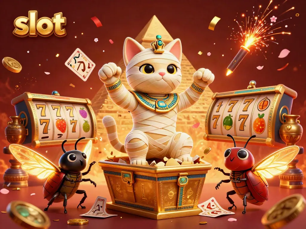 Experience vibrant slot action with a 3D Egyptian mummy cat and glowing scarab in a lively casino.