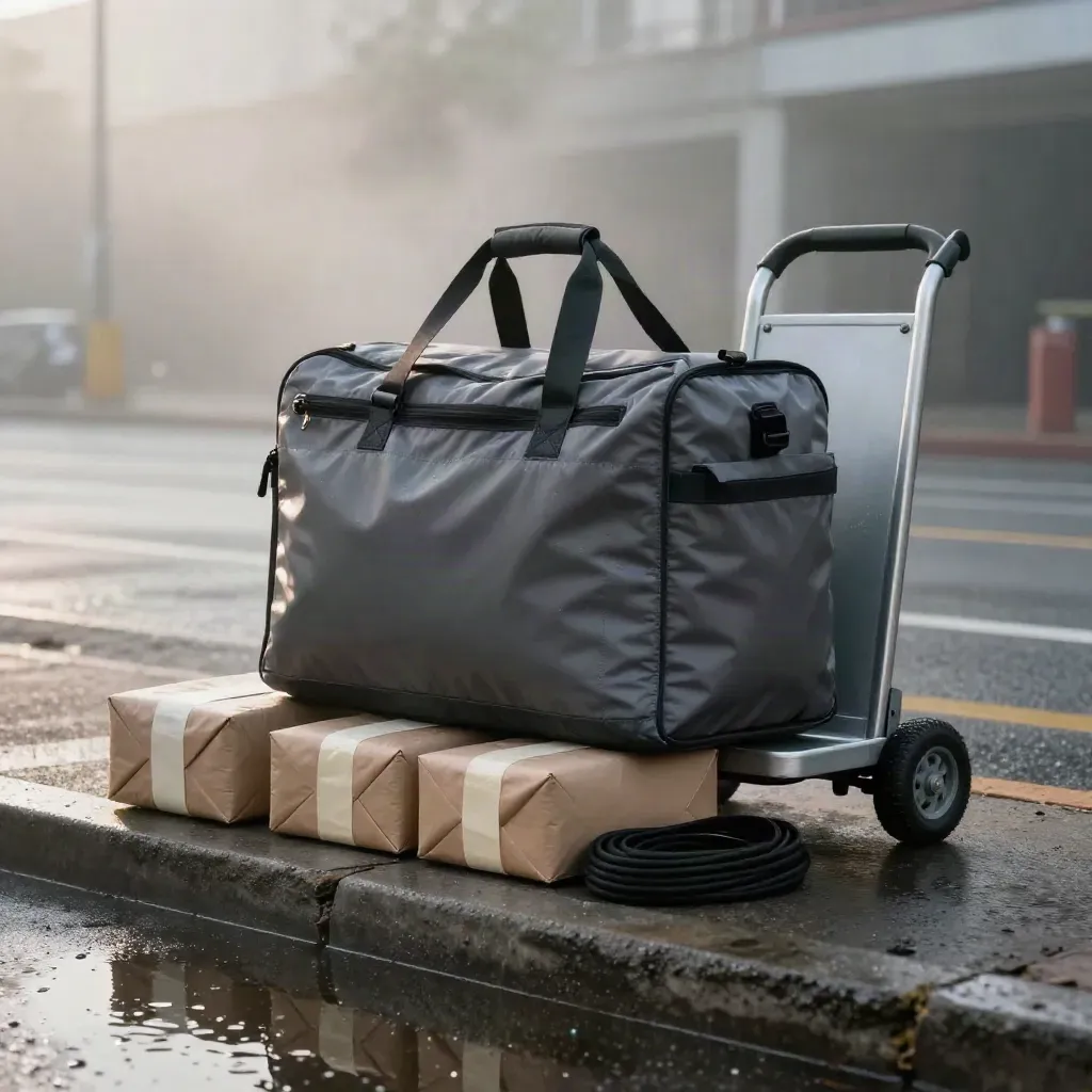 Wet courier satchel with parcels and hand truck at dawn by a misty curb.