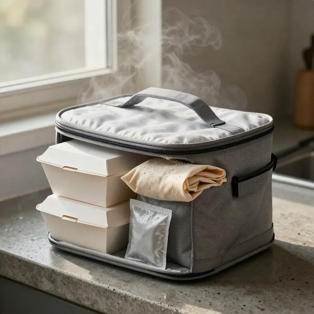 Insulated lunch tote with paper boxes, wrap, and thermal pack on damp concrete, steam rising.