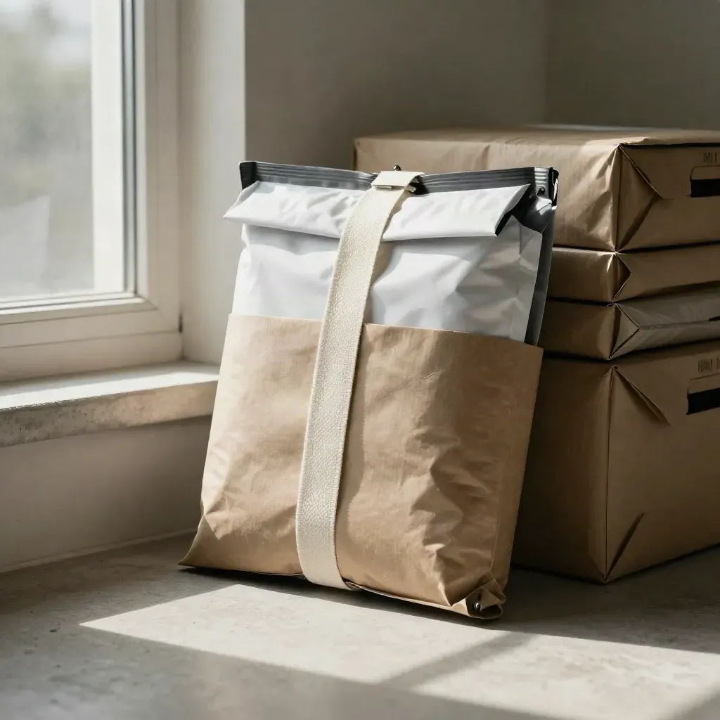 Four sealed parcels clipped to a route sleeve in a sunlit loading nook