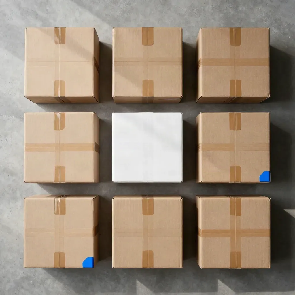 Overhead flatlay of five shipping cartons, mailers and a packing puck on concrete, lit from above.
