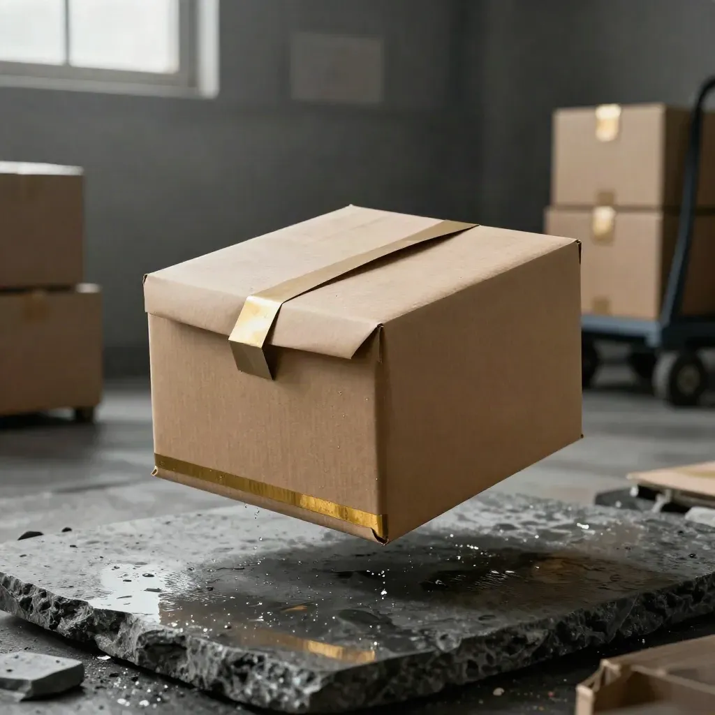 Unmarked courier mailer hovering above wet stone in a dim dispatch bay, rim-lit with gold.