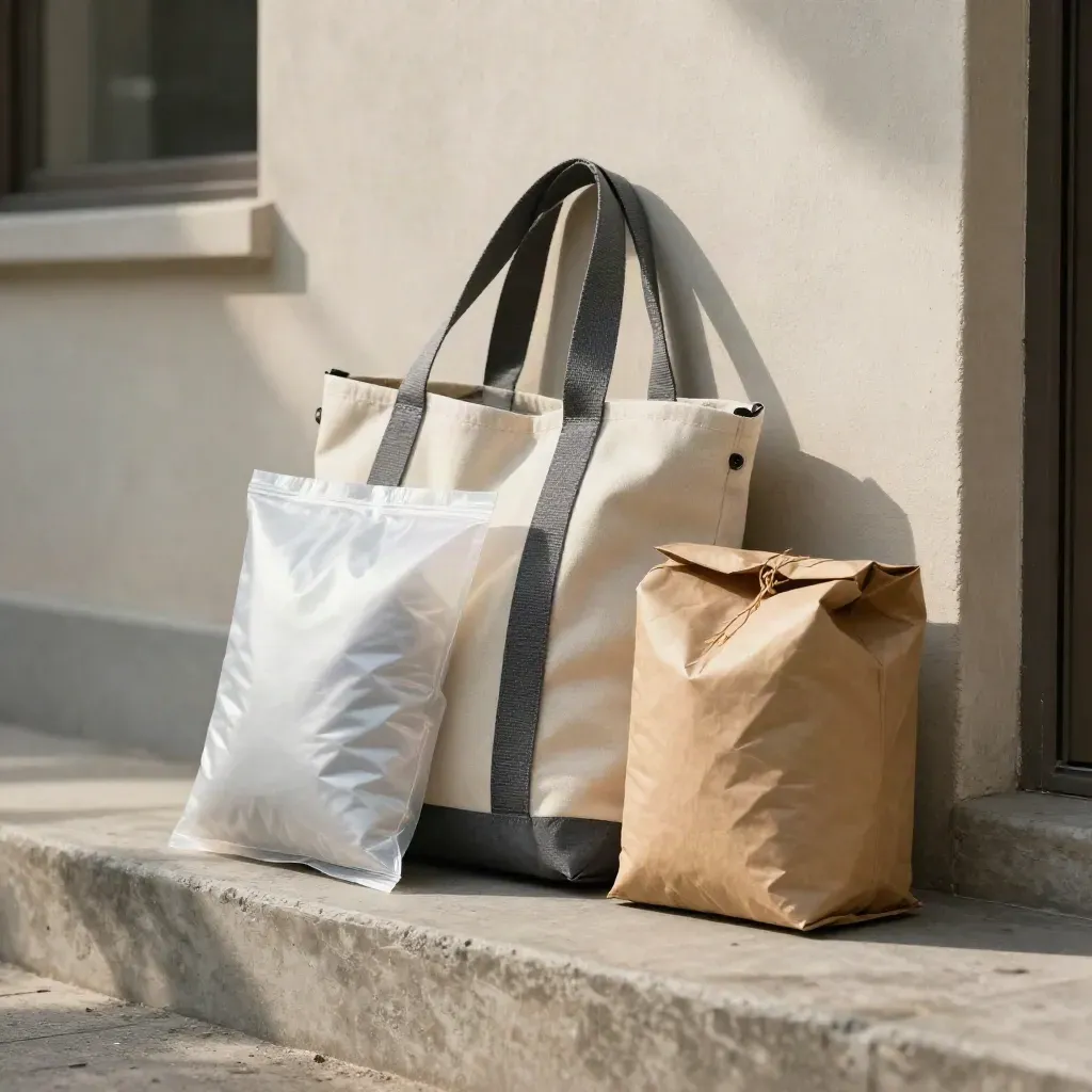 Canvas tote, bubble mailers and kraft parcel leaning by a pale courtyard wall in soft afternoon light.