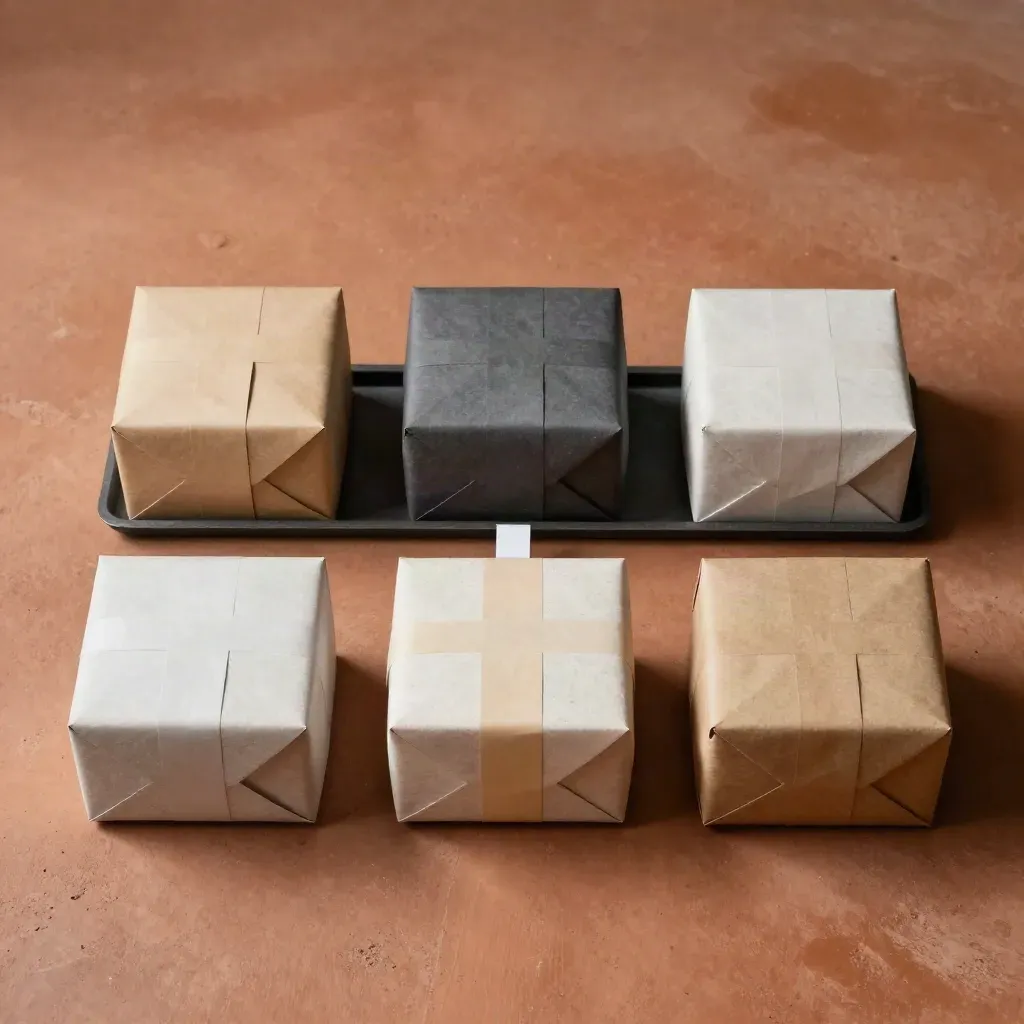Overhead flatlay of five parcel cubes and a dispatch tray in a clean route-map arrangement.