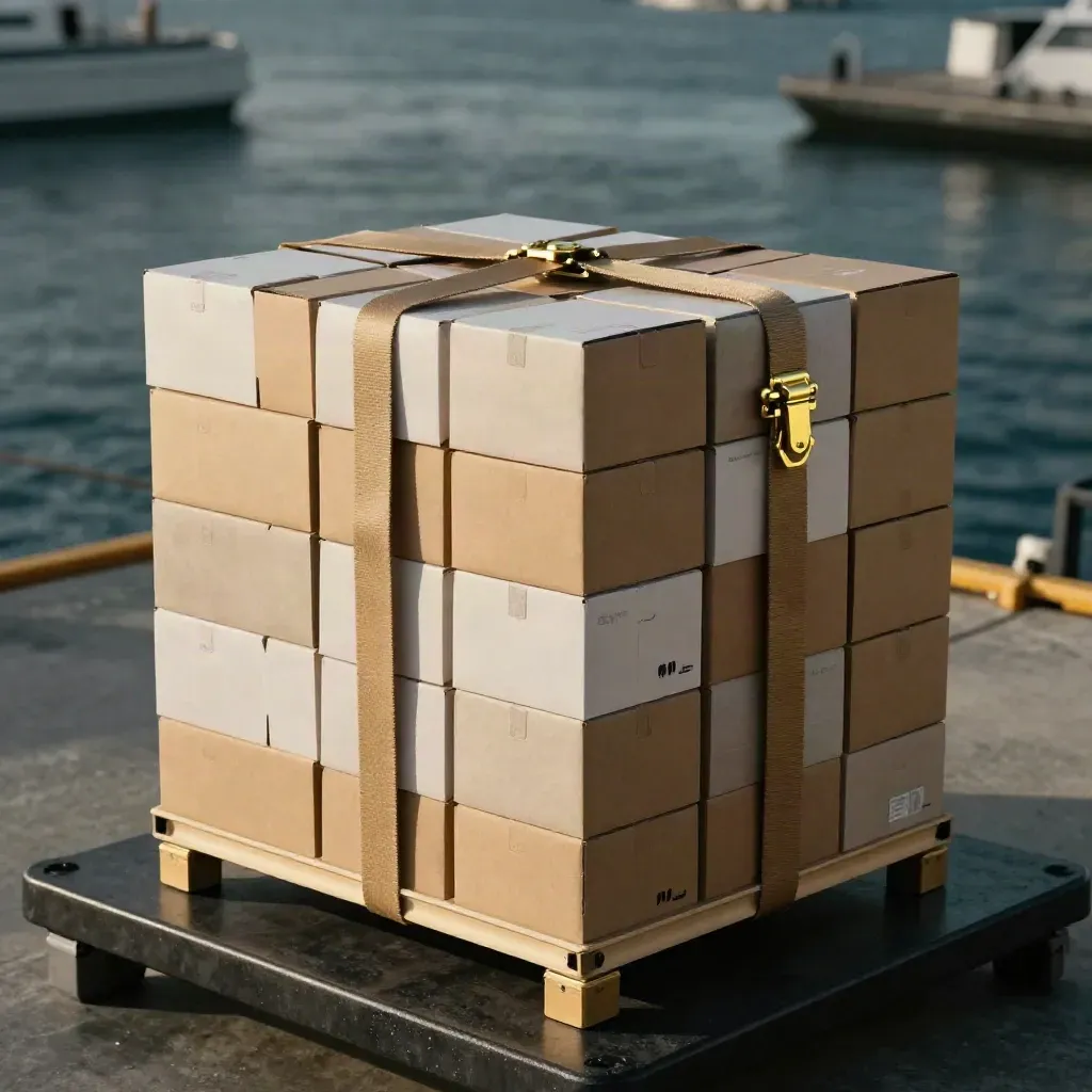 Low-angle crate of parcel cartons at a dim dock, side-lit with dust and a gold brass strap accent.