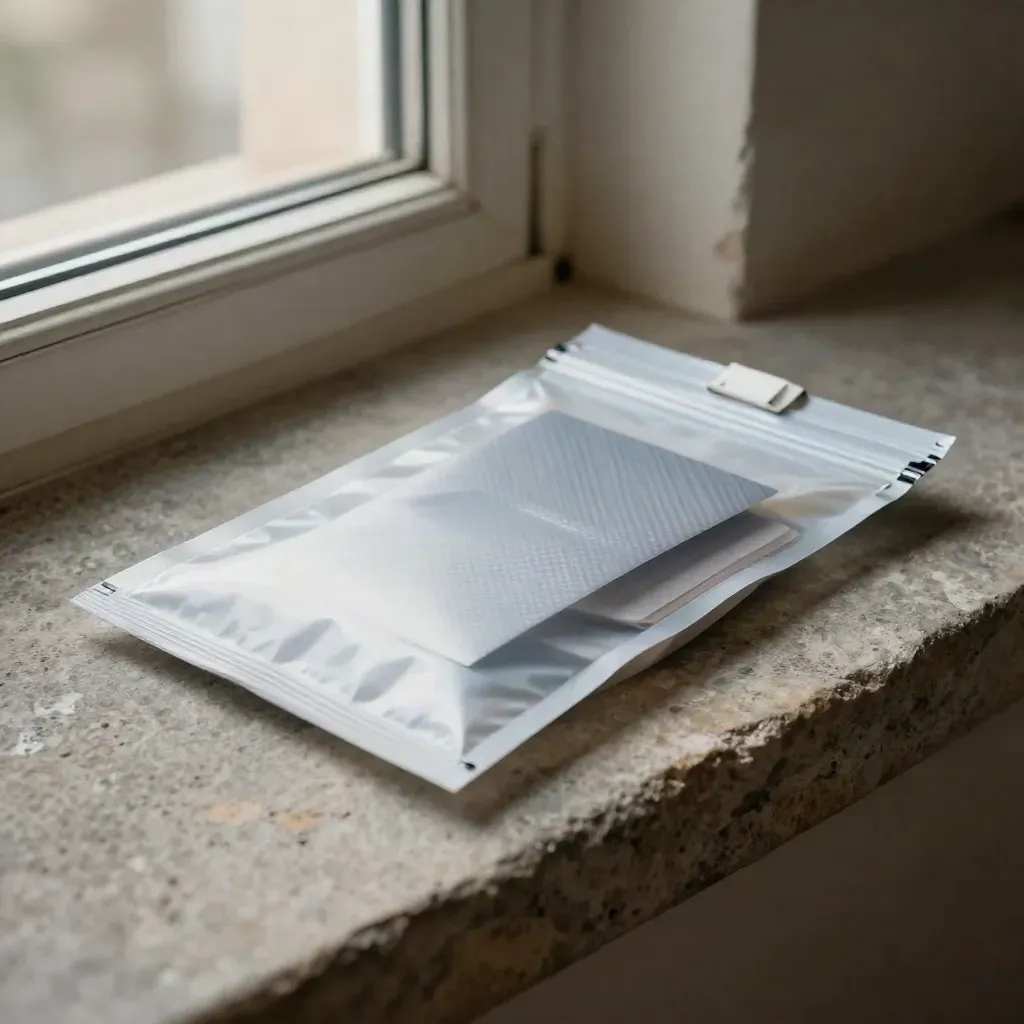 Macro of a sealed delivery pouch with a folded card on a stone ledge