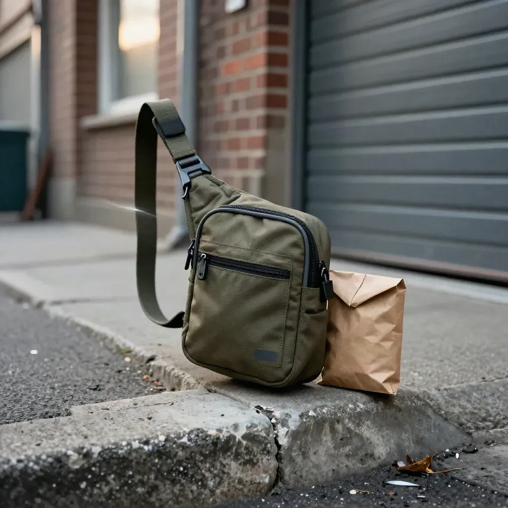 Olive courier sling and small parcel mid-swing in a narrow alley with soft daylight.