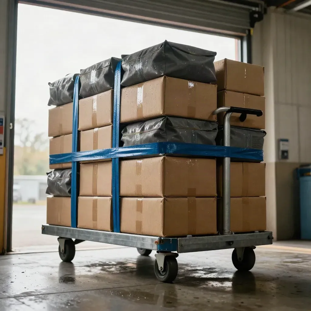 Dock cart loaded with parcels and route pouches rolling through a sunlit loading bay after rain.