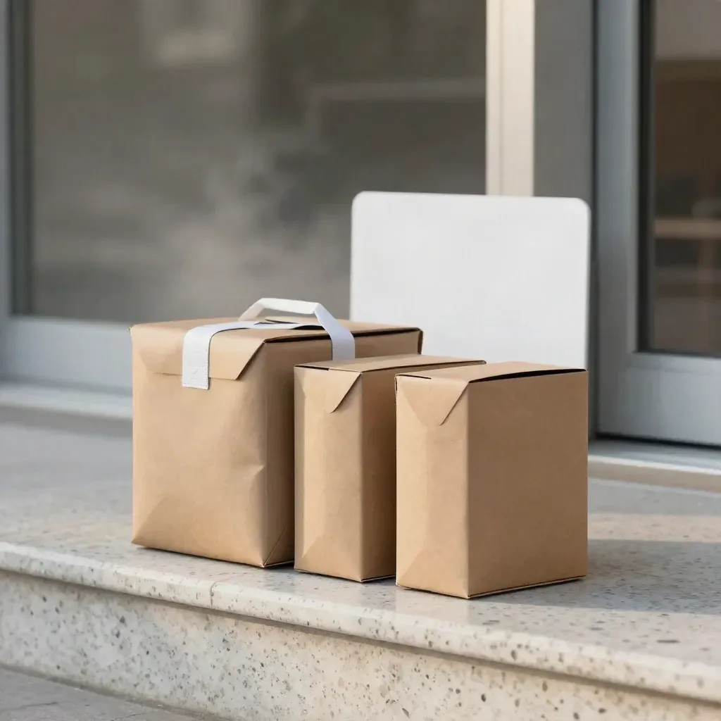 Low hero shot of two cartons and a courier pouch on a travertine loading step in cool dawn mist.
