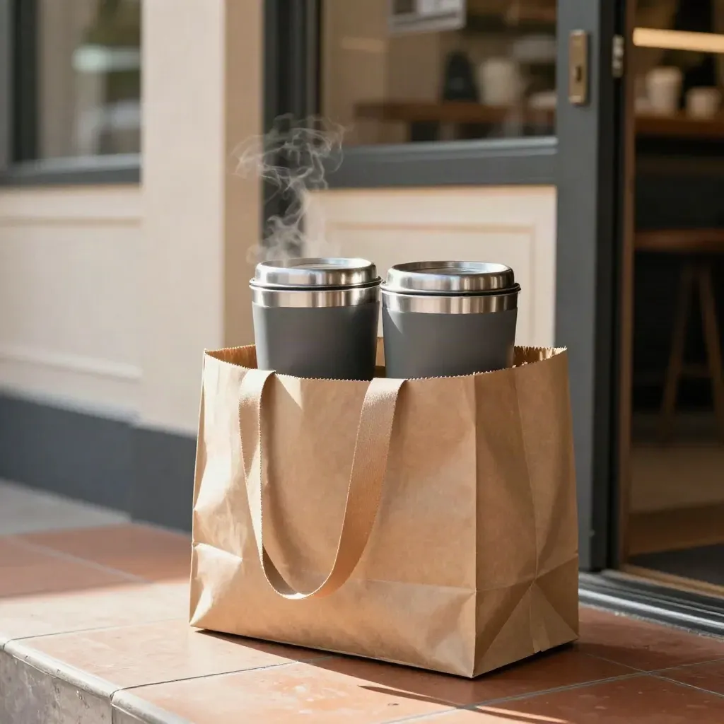 Insulated containers and kraft bags in a cafe doorway, glowing in warm midday light.