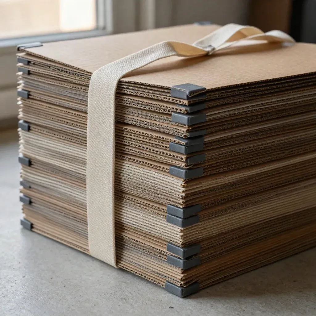 Close-up of flat cartons, corner guards and a folded tote strap on pale concrete.