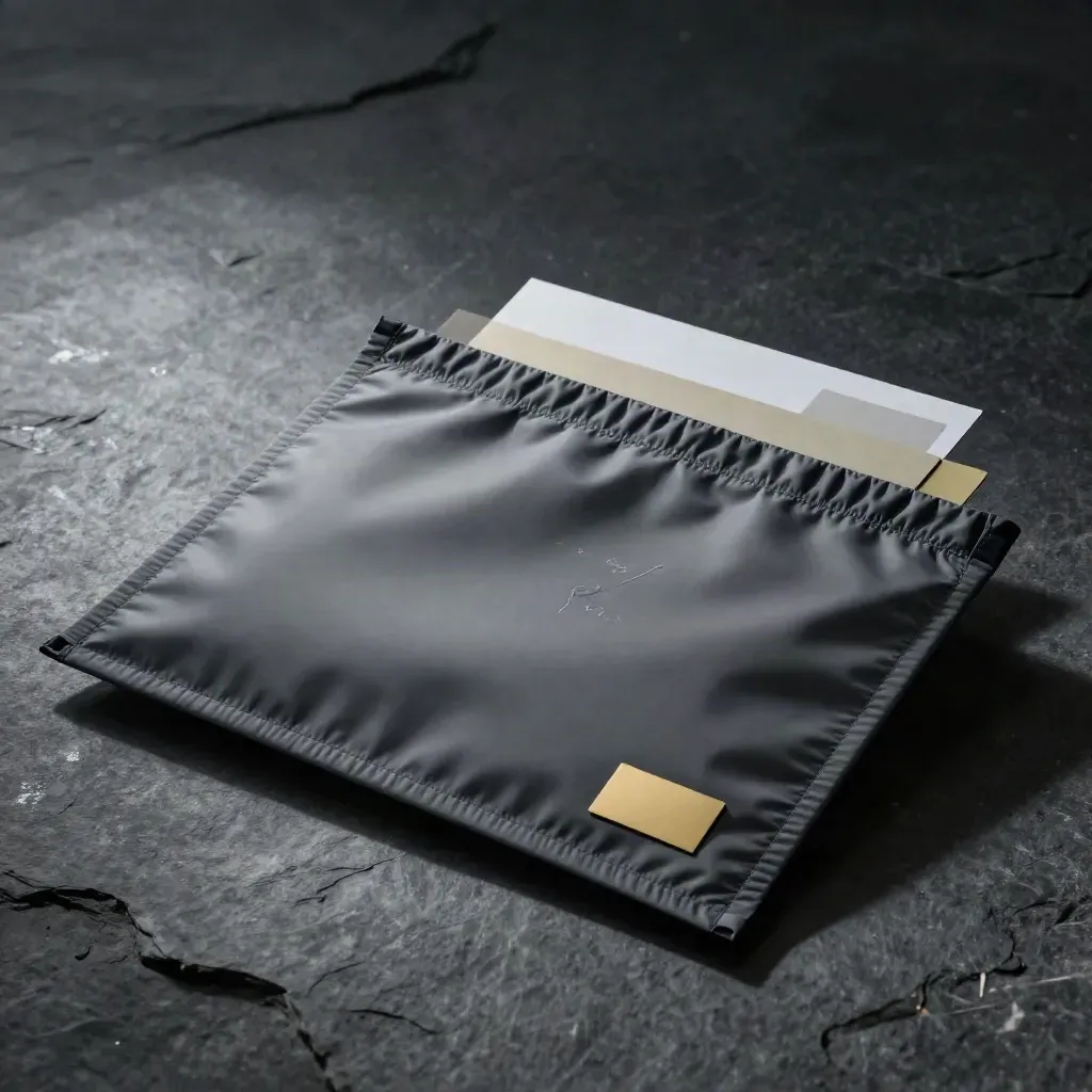 Courier return sleeve with folder and closure band on dark stone in dramatic studio light.