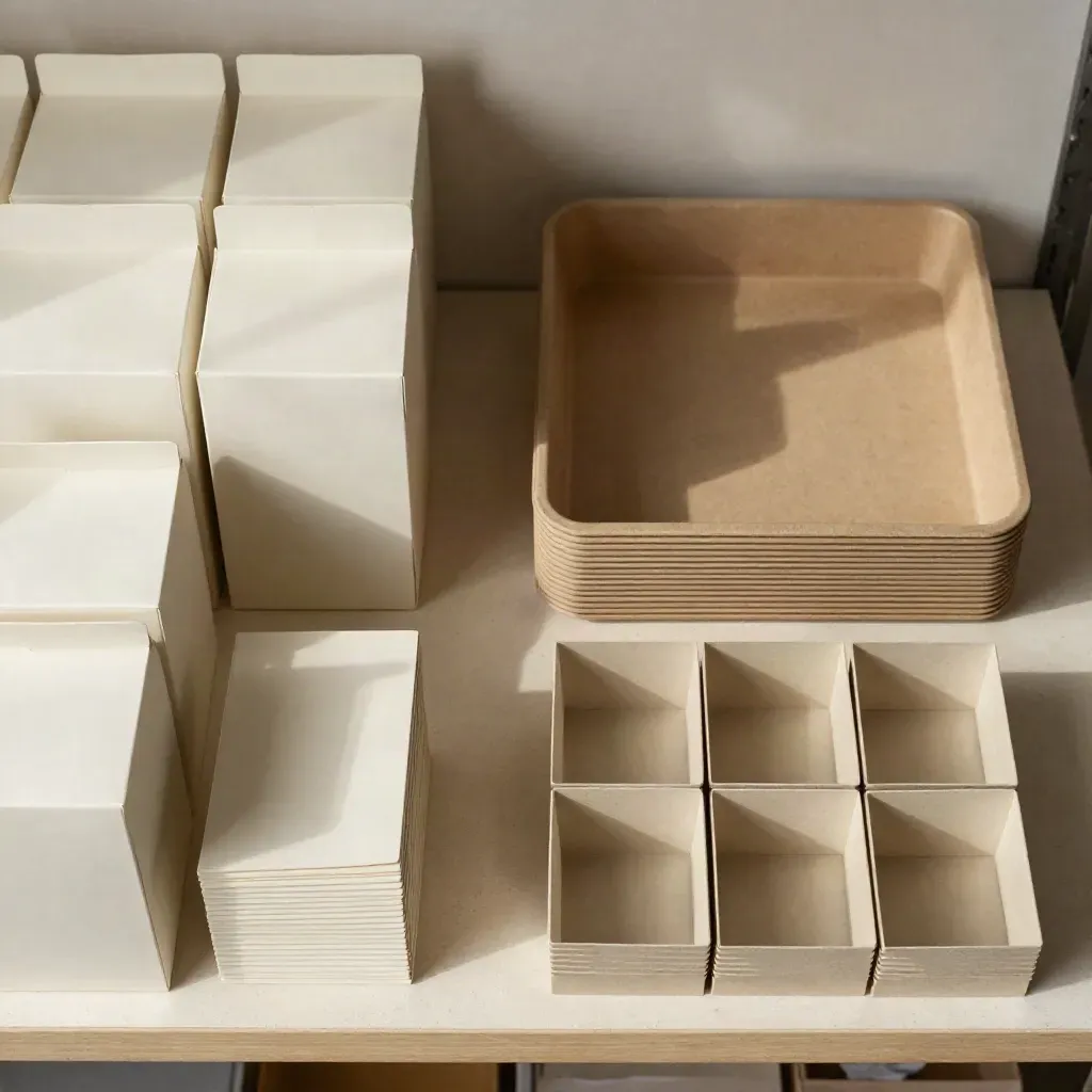 Overhead flatlay of cartons, paper shims and a hand-carry tray on pale plaster.