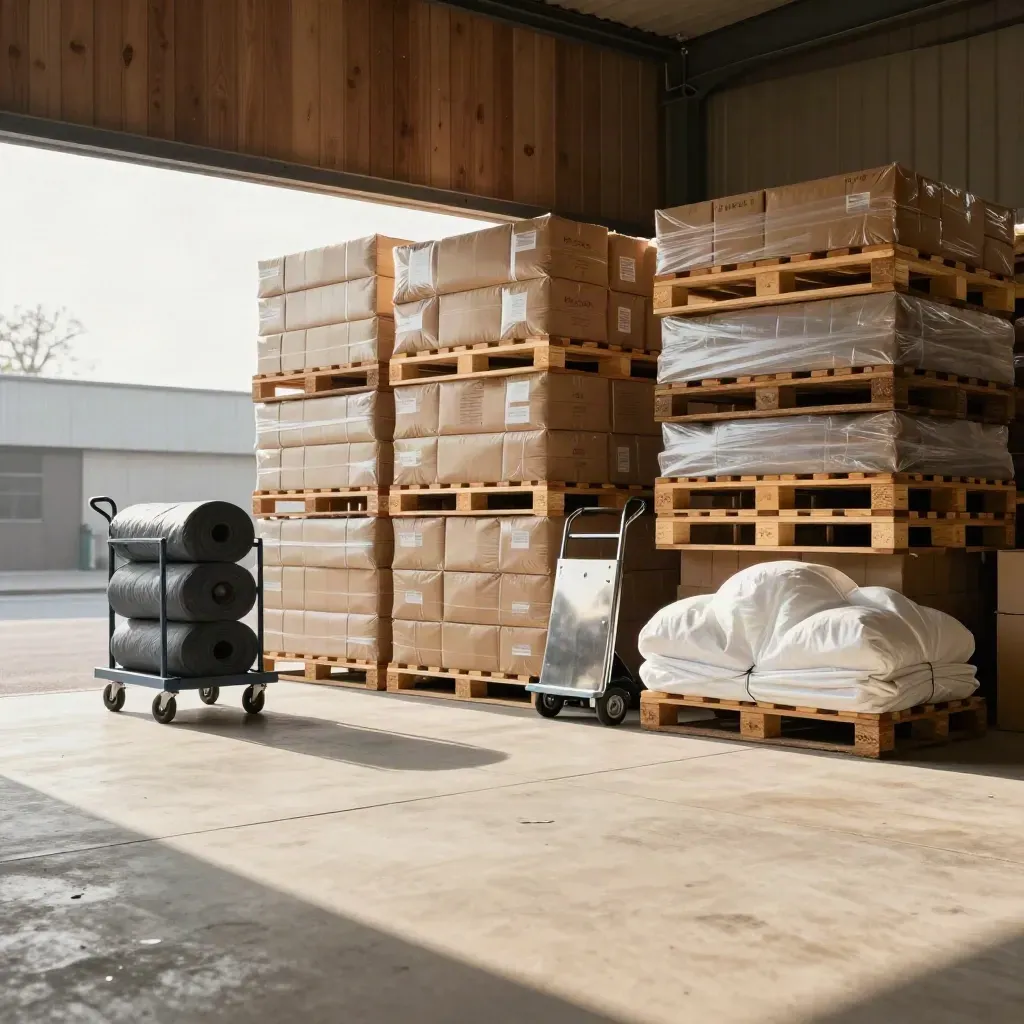Sunlit warehouse threshold with stacked pallets, parcels, and pale concrete space for copy.