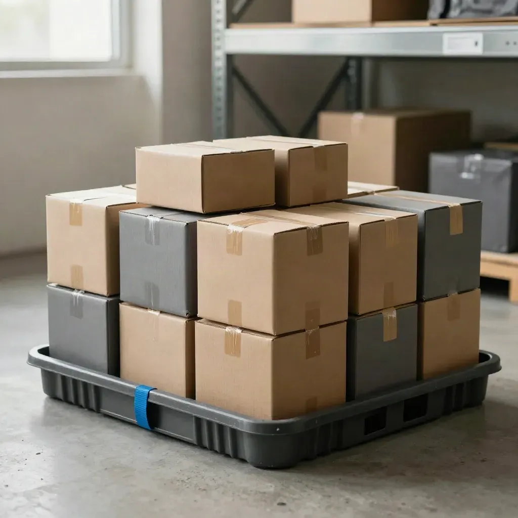 Twelve compact parcels nested around a reusable courier tray on a concrete hub ledge.