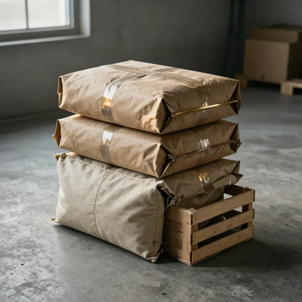 Three sealed parcels, a route sack and crate corner in quiet dawn depot light.