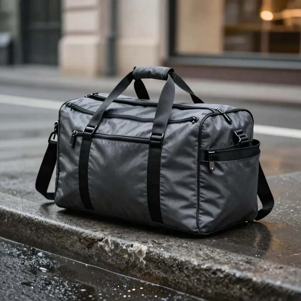 Graphite courier bag, parcel cube, and loose strap on a wet curb under dramatic rim light.