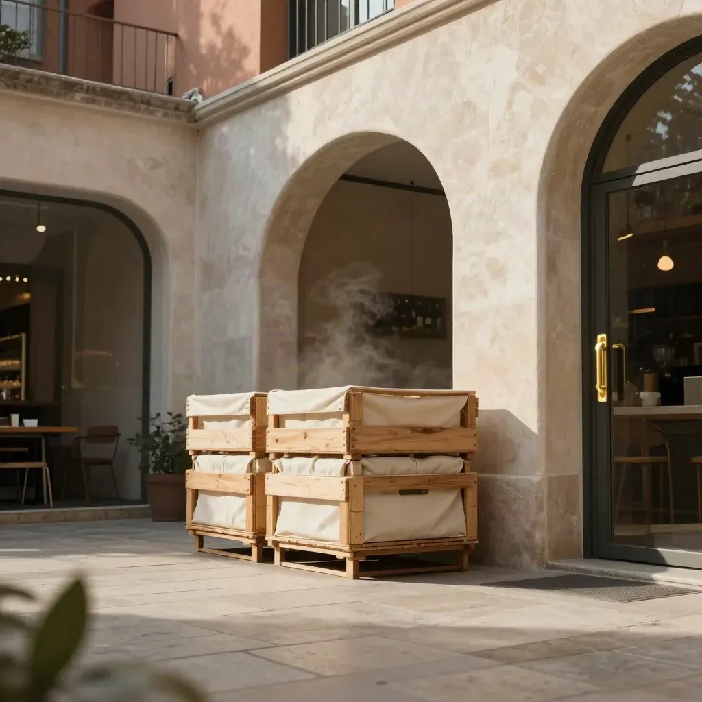 Sunlit café loading courtyard with stacked crates, pale masonry arch and calm stone paving.