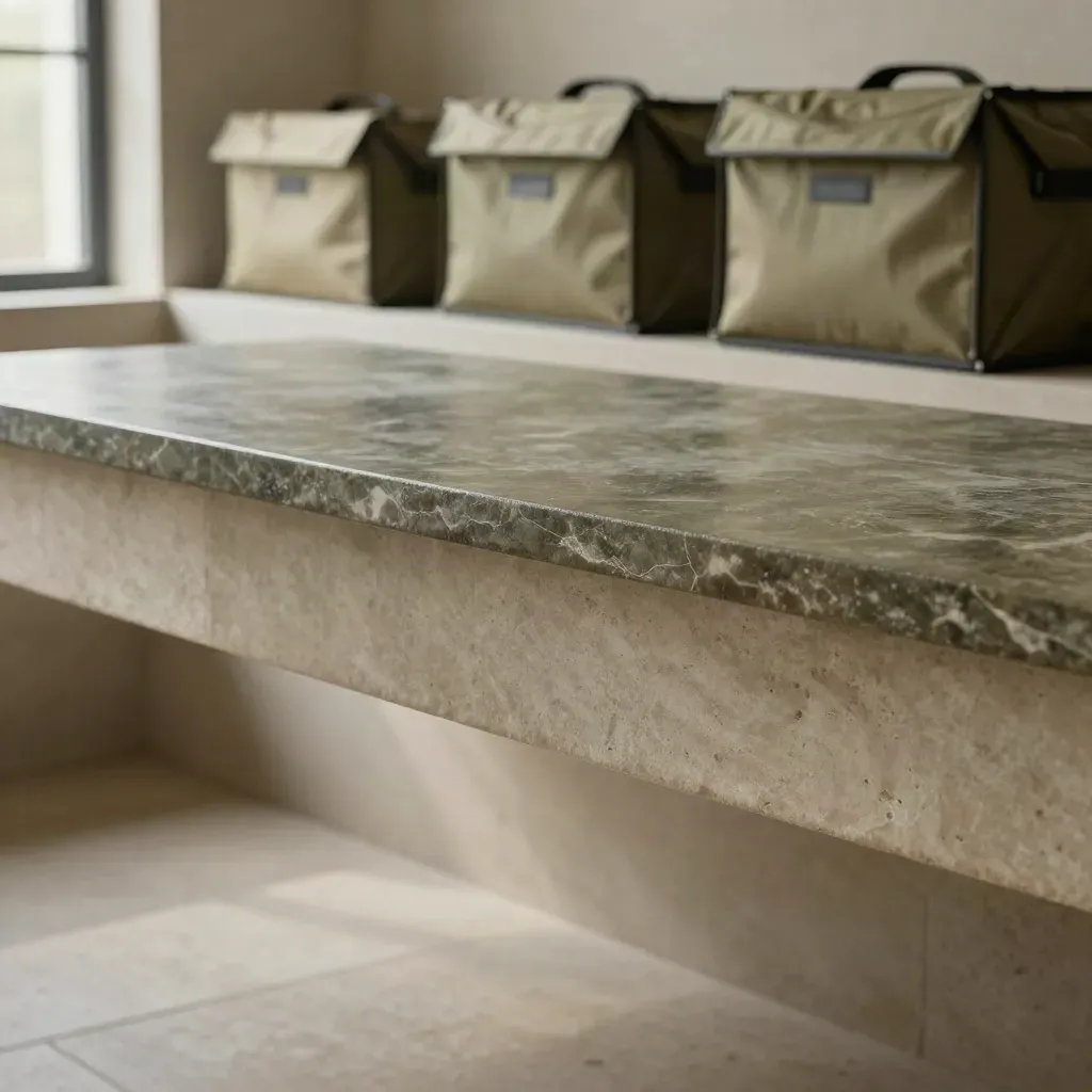 Brushed stone logistics backdrop with soft crates and calm copy space under daylight.