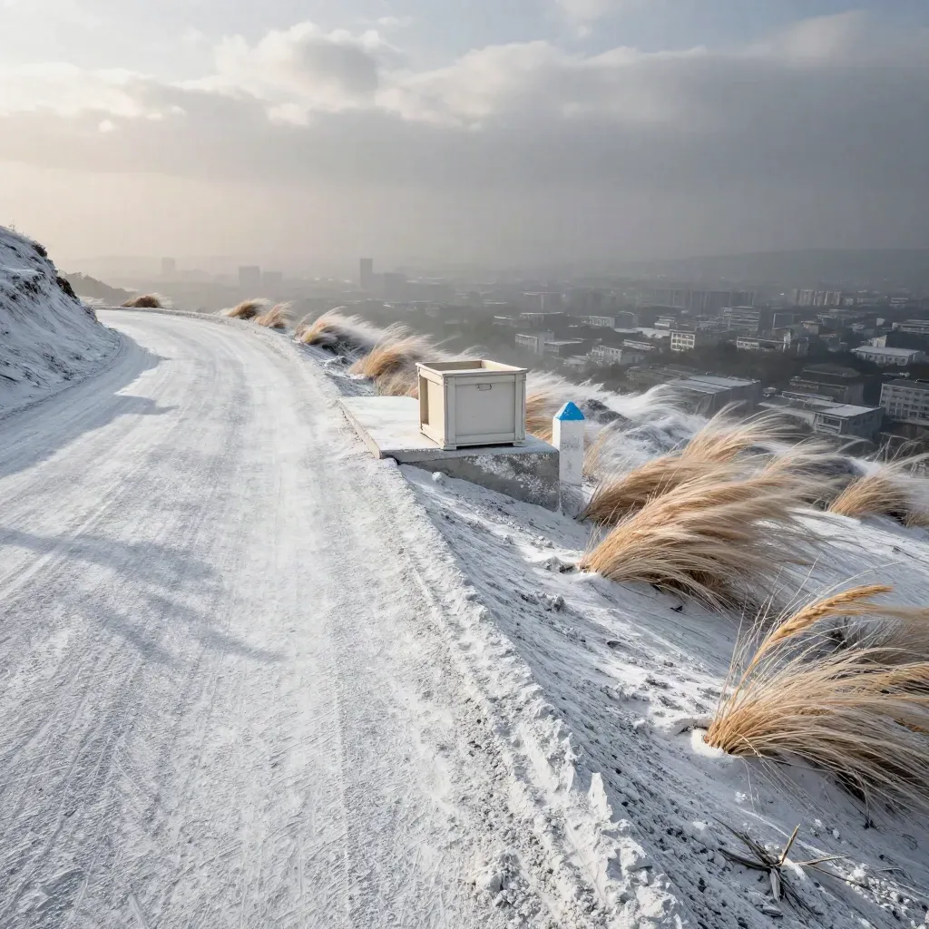 Chalk hillside road above city with a lone crate, mist lifting after rain