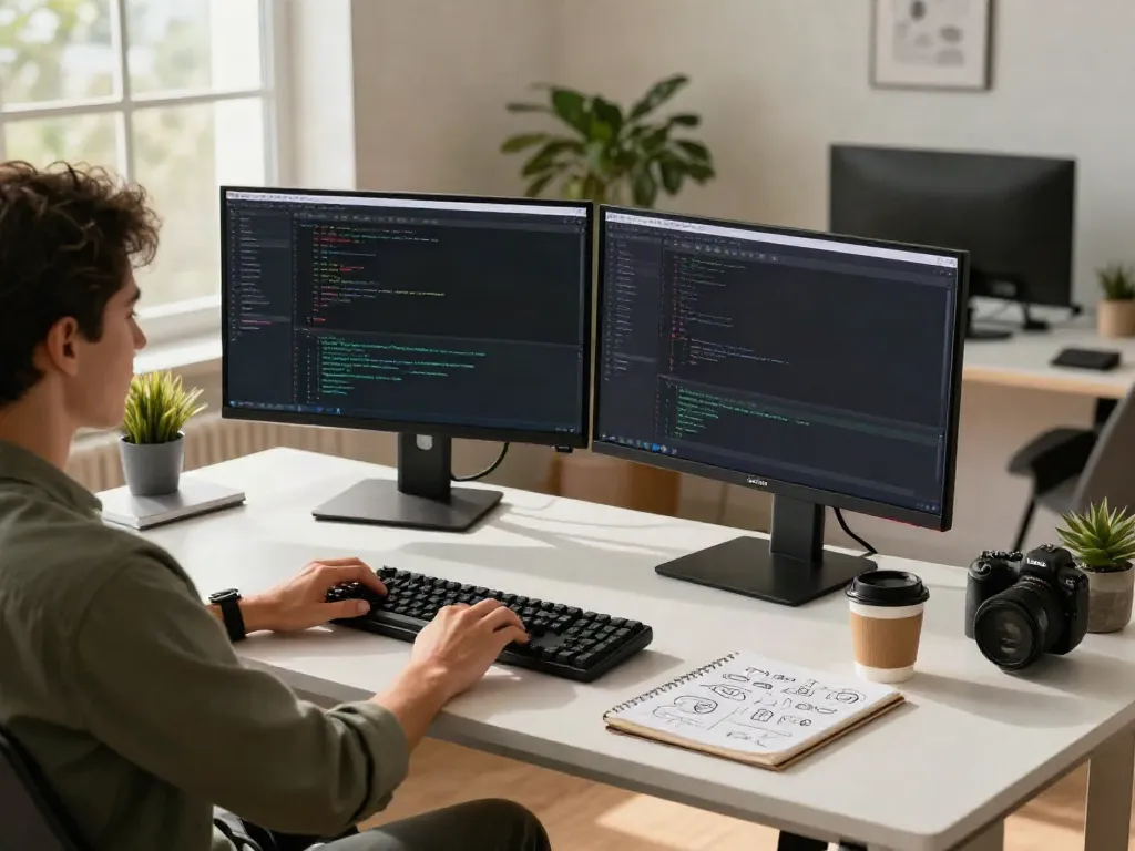 Developer coding via dual monitors in a modern workspace environment.