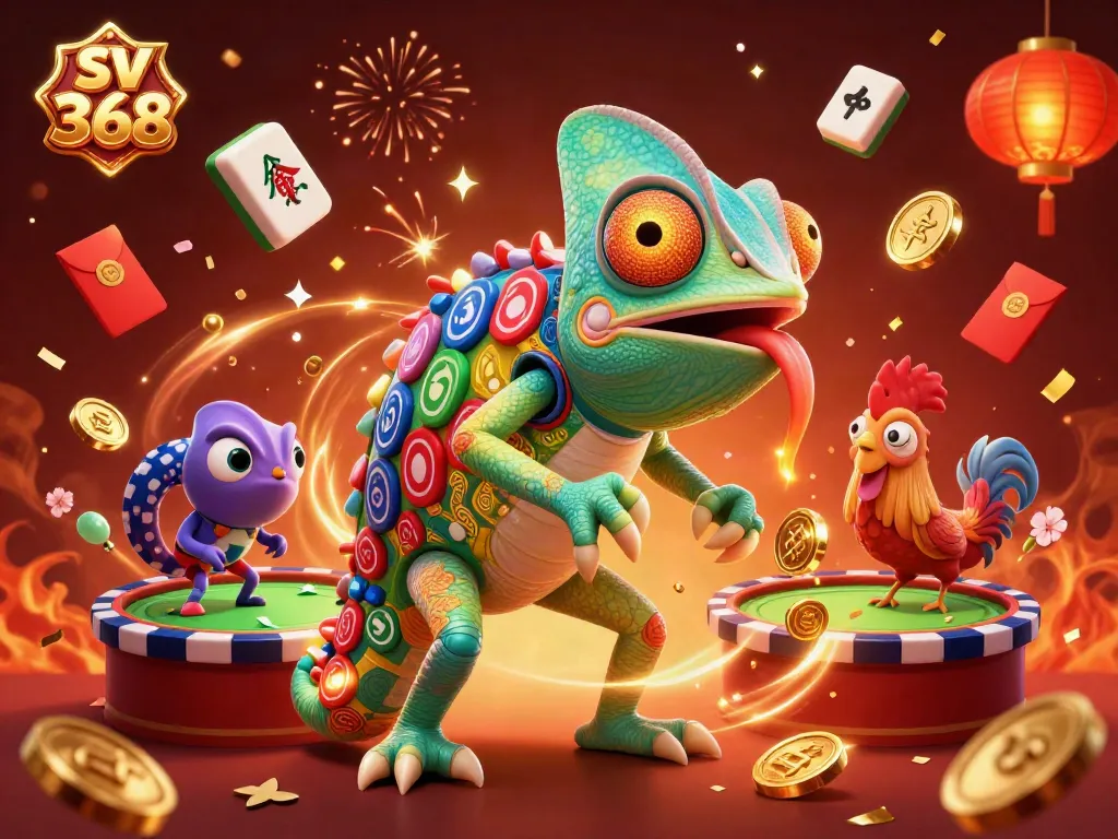 Experience the dynamic excitement of sv 368 cockfighting with vibrant 3D illustrations of chameleons and casino elements.