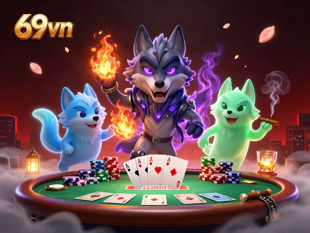 Engage in thrilling gameplay at 69vn with a captivating scene of poker elements and mystical wolves.