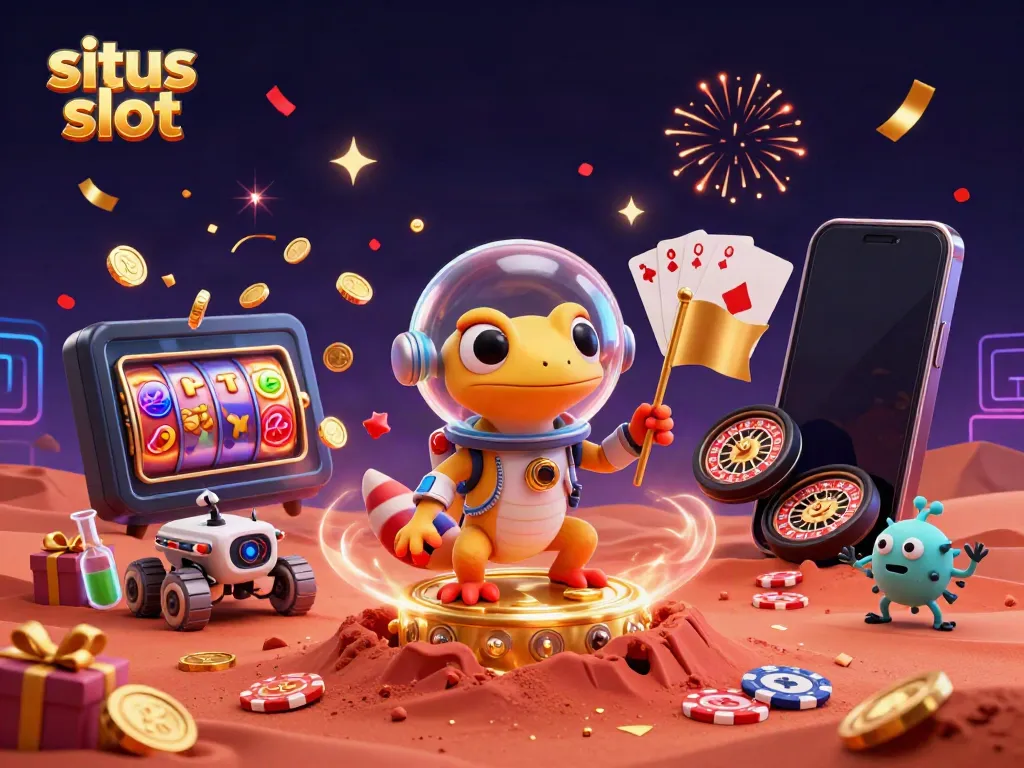 Experience exciting situs slot gameplay in a vibrant, alien-themed casino adventure with a Martian gecko and robot companion.